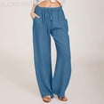 thumbnail image 4 of Women's cotton linen drawstring high-waisted casual loose wide-leg pants royal blue XXXL, 4 of 4