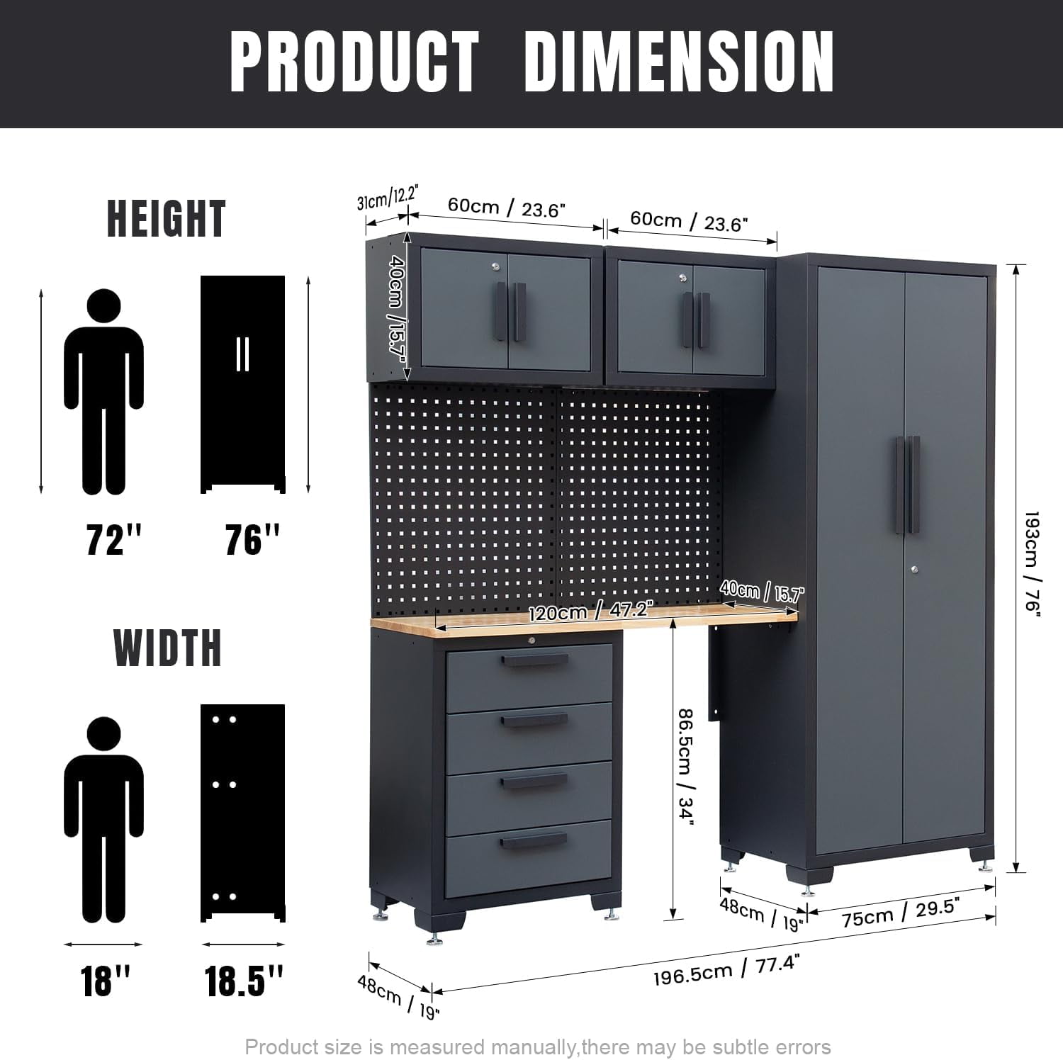 HPDMC Garage Storage Cabinet System 7-Pcs Workshop Set Metal Garage Cabinets System with Steel Cabinet Drawers, Workbench, Pegboard for Garage Tool Organization