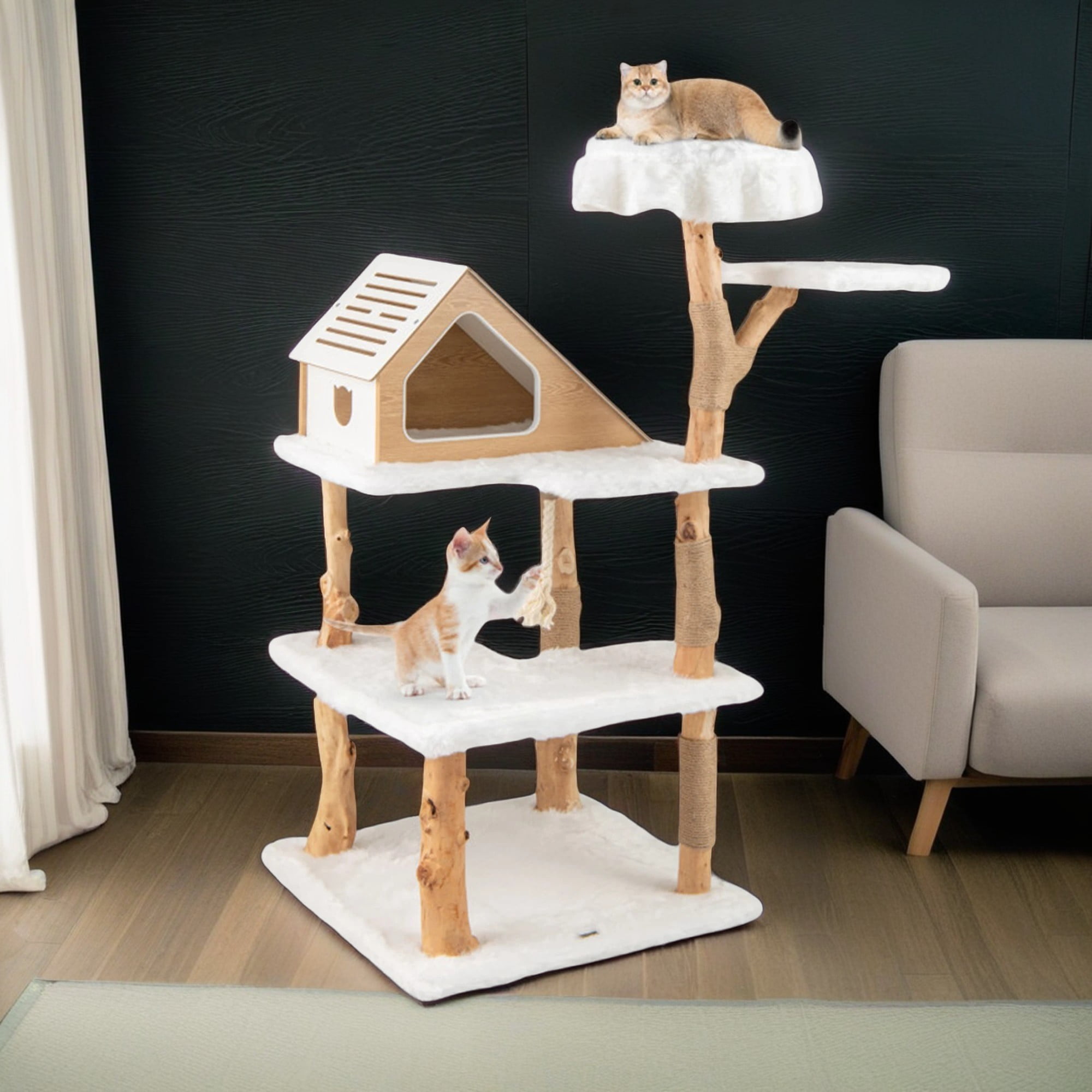 Pefilos 60" Solid Wood Cat Tree Tower for Indoor, Modern Cat Condo with Scratching Post, Cat Climbing Tree House Furniture, White