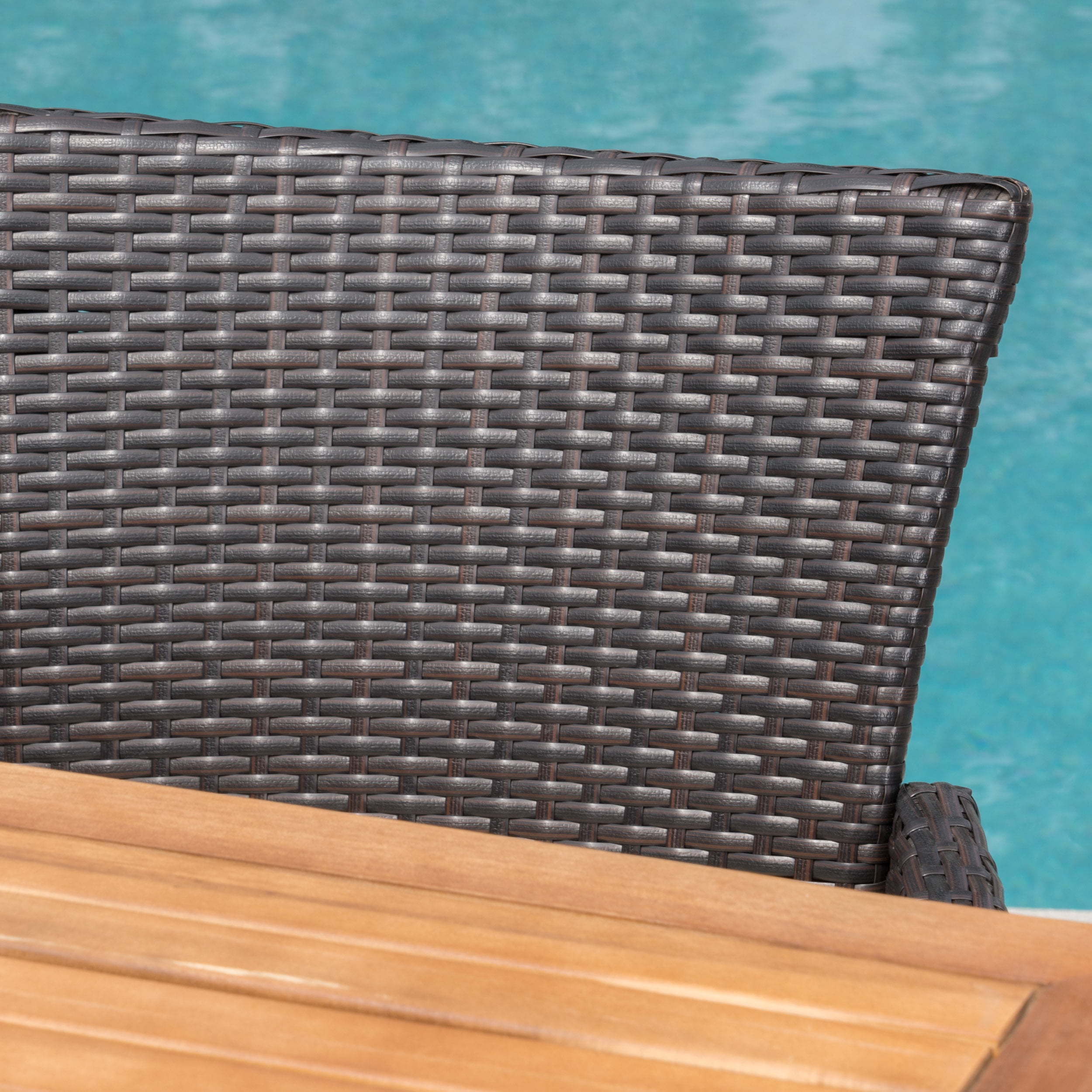 Outdoor 7 Piece Acacia Wood Wicker Dining Set with Cushions, Beige, Multibrown, Teak