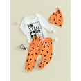 thumbnail image 3 of Liacowi Baby Boys Girls Halloween Clothes Set 6 12 18 24 Months Newborn Letter Print Long Sleeve Crew Neck Romper Geometry Print Long Pants Hat 3PCS Infant Fall Outfits, 3 of 9