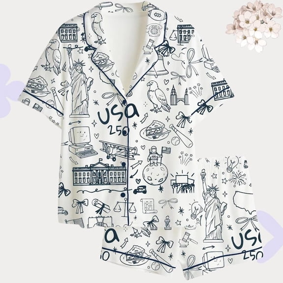 USA 250th Anniversary Doodle Satin Pajama Set for Women, Retro Americana Patriotic Sleepwear, Cute Lounge PJs