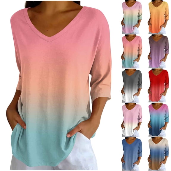 SROBPTY Womens Top Gradient Print V Neck 3/4 Sleeve Pullover T Shirt