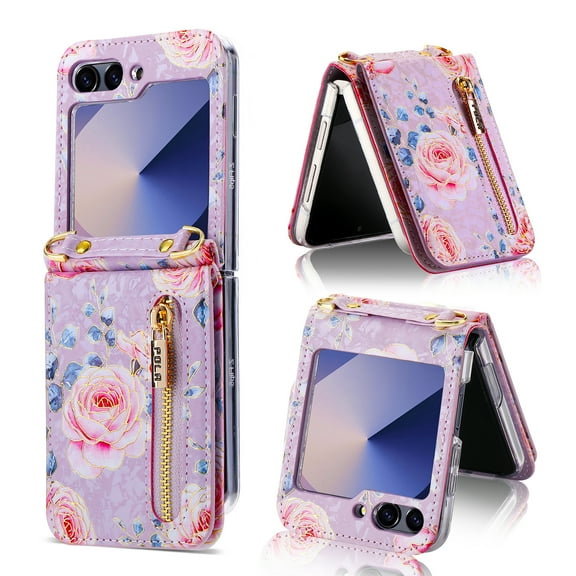 for Samsung Galaxy Z Flip 6 Credit Card Holder Wallet Case with Flip Kickstand, Rose Pattern Purse Floral Cover Shockproof Anti-Drop Protective Case for Samsung Galaxy Z Flip 6 Women Girls, Purple