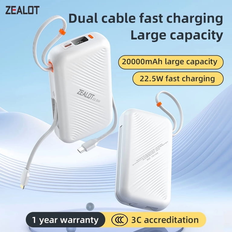 zealot Power Bank Portable 20000mAh in With USB C Cable External