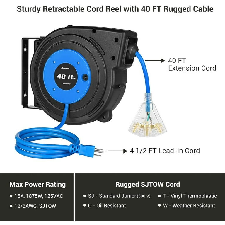 DEWENWILS 40FT Extension Cord Reel, Retractable Extension Cord, 12AWG/3C  SJTOW, 15A, Blue 