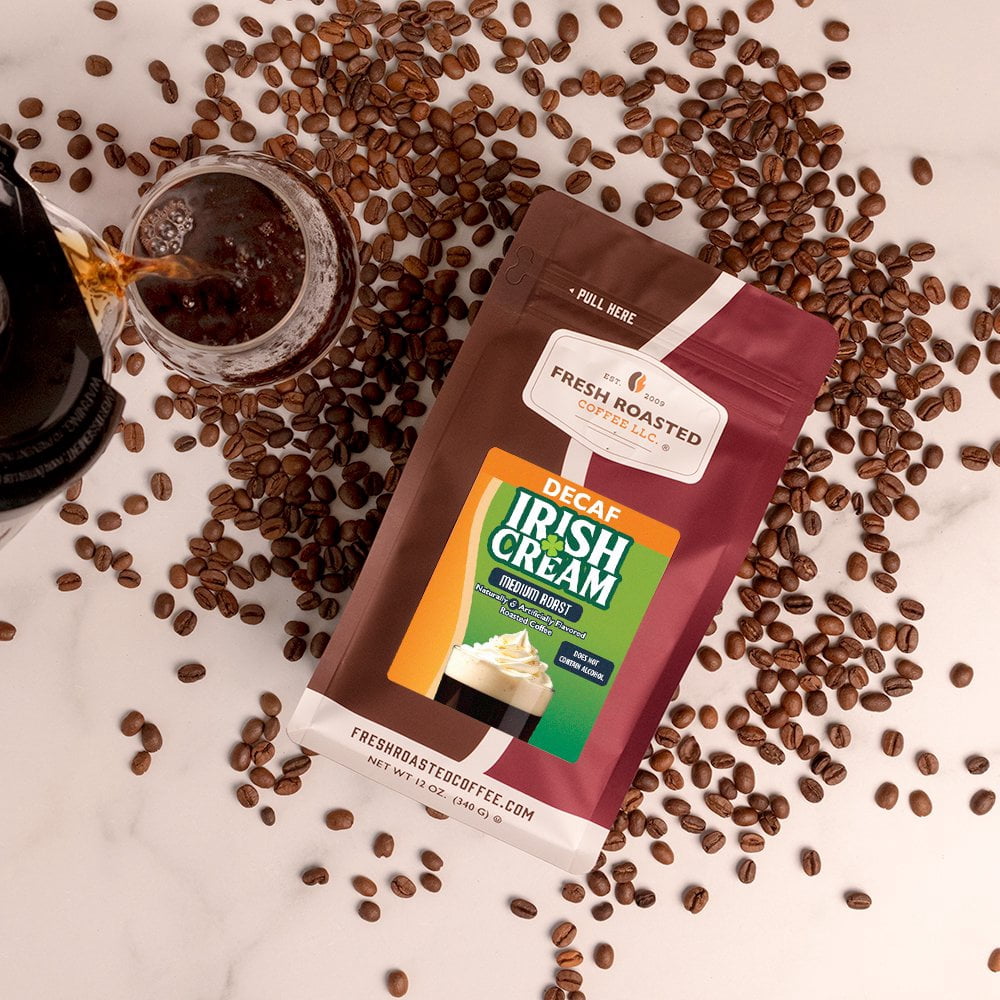 Fresh Roasted Coffee, Decaf Irish Cream Flavored Coffee, Medium Roast, Whole Bean, 80 oz 5 lbs