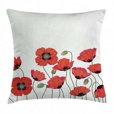 Floral Throw Pillow Cushion Cover, Bright Poppy Flowers in Garden Fresh Plant Idyllic Nature Fragrance Theme Artprint, Decorative Square Accent Pillow Case, 18 X 18 Inches, Orange Green, by Ambesonne