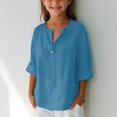 thumbnail image 2 of XQYLOS Girls Cotton Linen Shirt V Neck Long Sleeve Button Down Solid Color Casual Blouse for Spring Summer Autumn Vacation Beach, 2 of 5