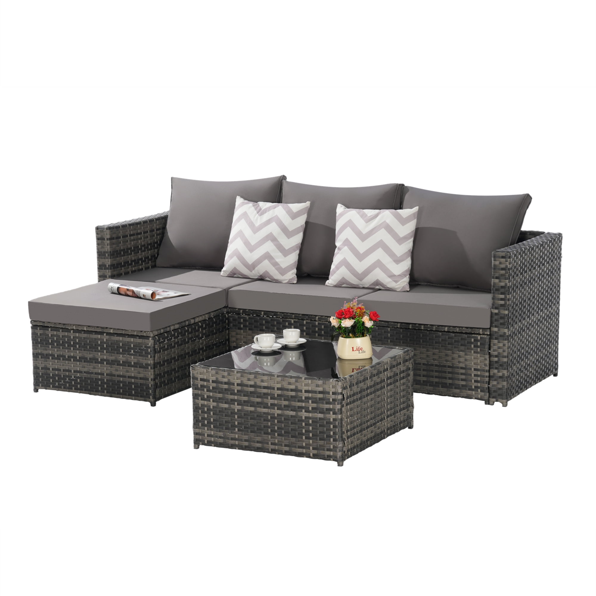 Aukfa Outdoor Patio Furniture Set - L shape Wicker Sectional Sofa with Coffee Table - Gray Cushions