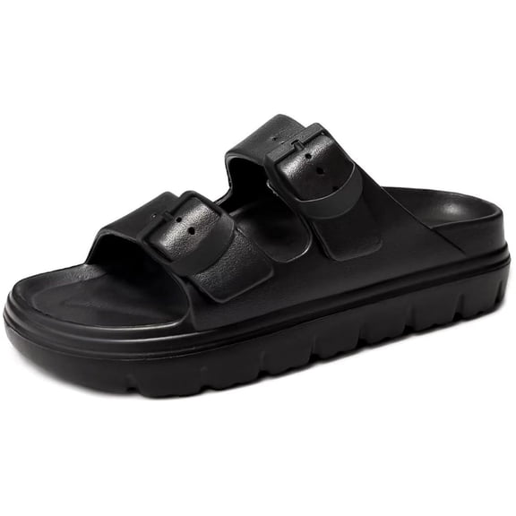 Women Slip On Walking Sandals, Adjustable Double Buckle Strap Waterproof EVA Flat Slip On Slides Sandals for Beach Daily Walking