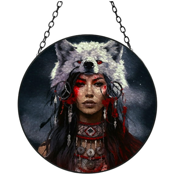 American Native Indian Woman Wolf Head Stained Glass Suncatcher Handmade Window Hanging Colored Glass Suncatcher Crafts Kits for Indoor Garden Decor Memorial Gift 16x16cm
