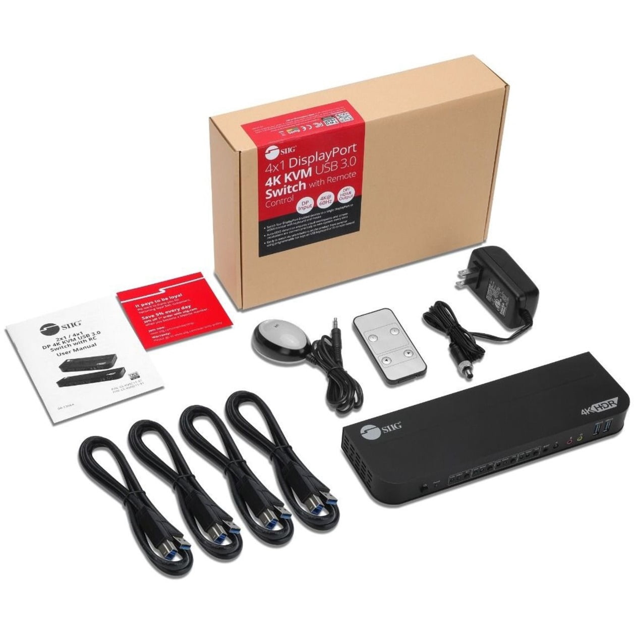 SIIG 4x1 DisplayPort 4K KVM USB 3.0 Switch with Remote Control - Allows you to control 4 DisplayPort 1.4 computers using one keyboard and mouse, DP 1.4/8K@30, HDMI 4K@60, USB 3.0 ports, 3.5mm Phone...