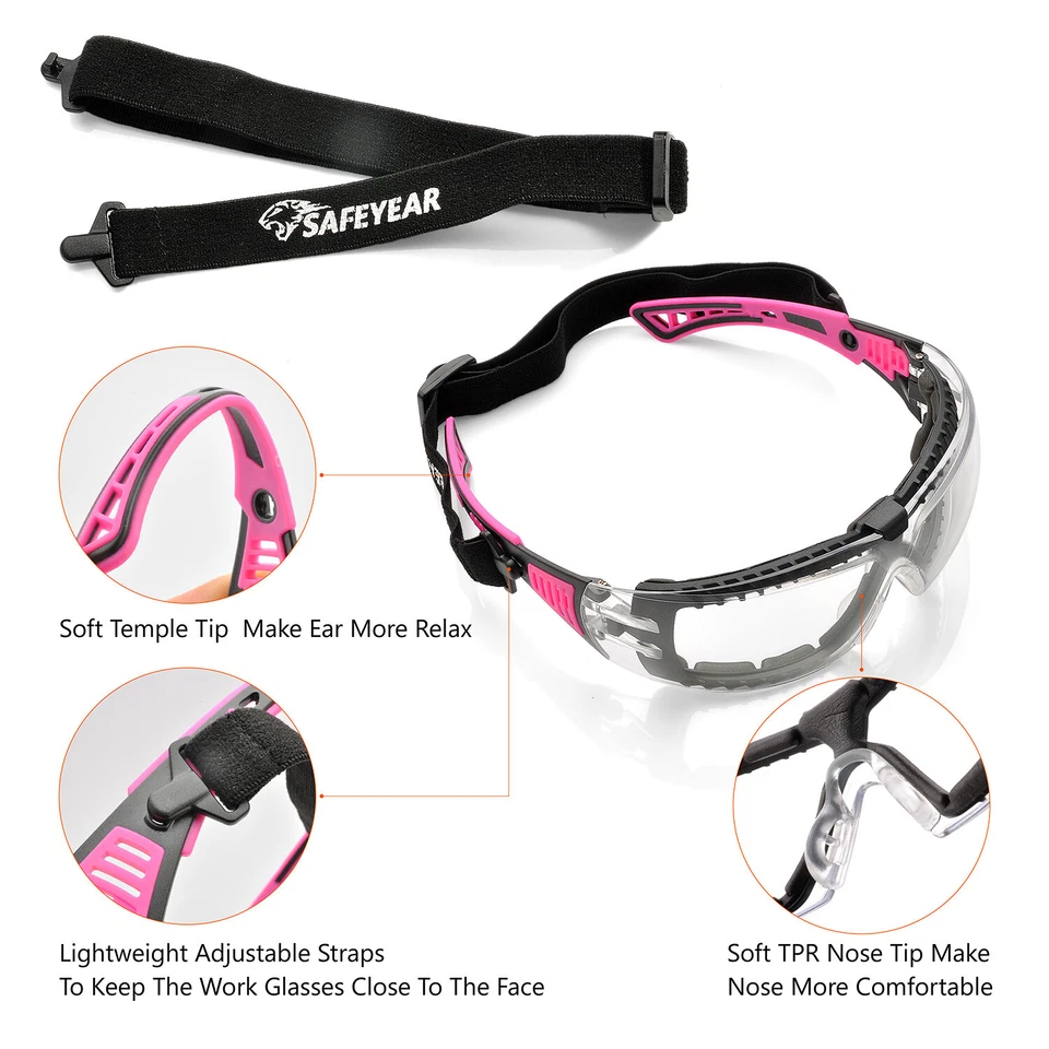 CIRCLE- Safeyear Pink Safety Glasses Work Goggles Women Girl Female Anti Fog Head Strap