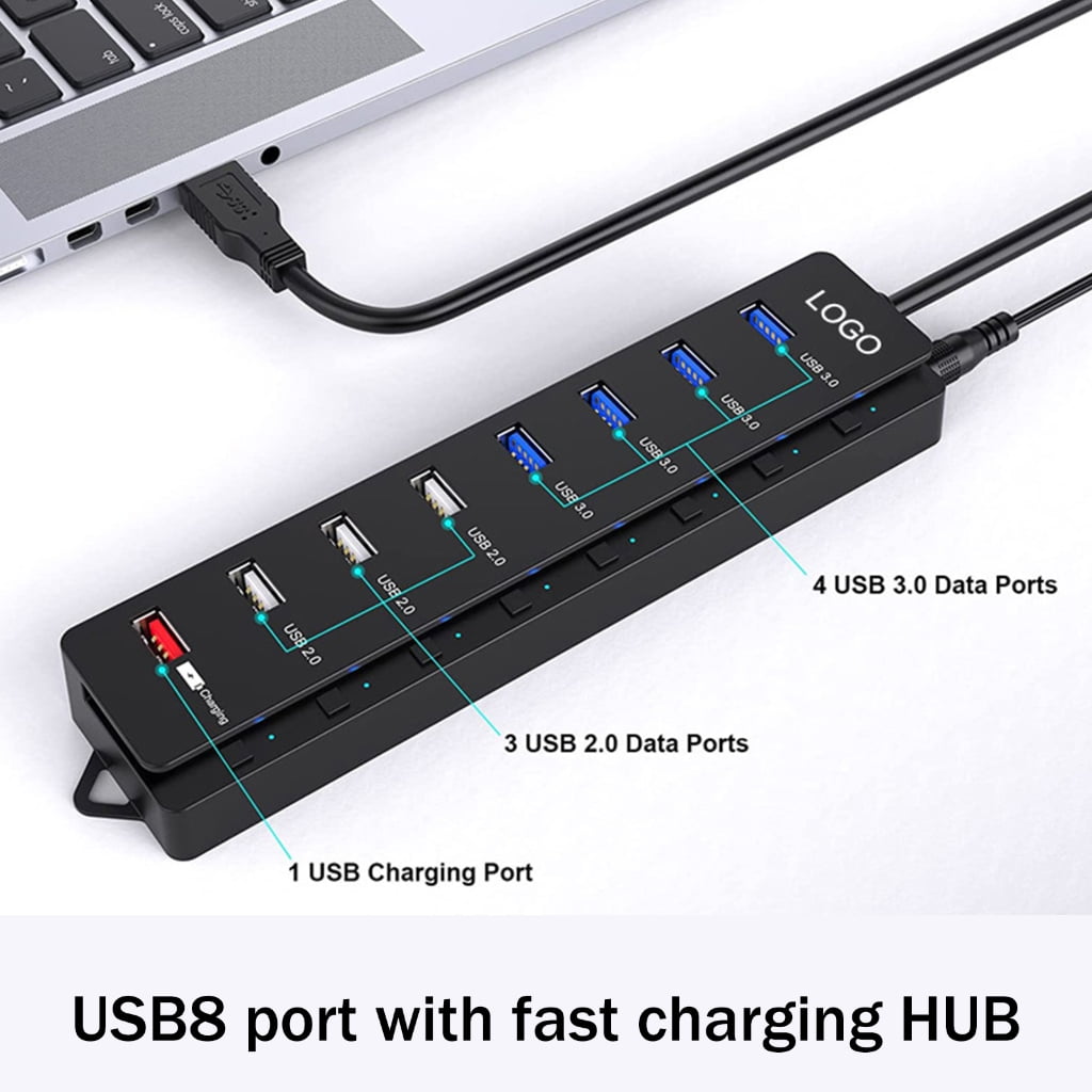 8 Port USB3.0 2.0 Hubs with Individual Switches 4xUSB3.0 3x USB 2.0 1x USB Charging Port USB Hubs Power Adapter