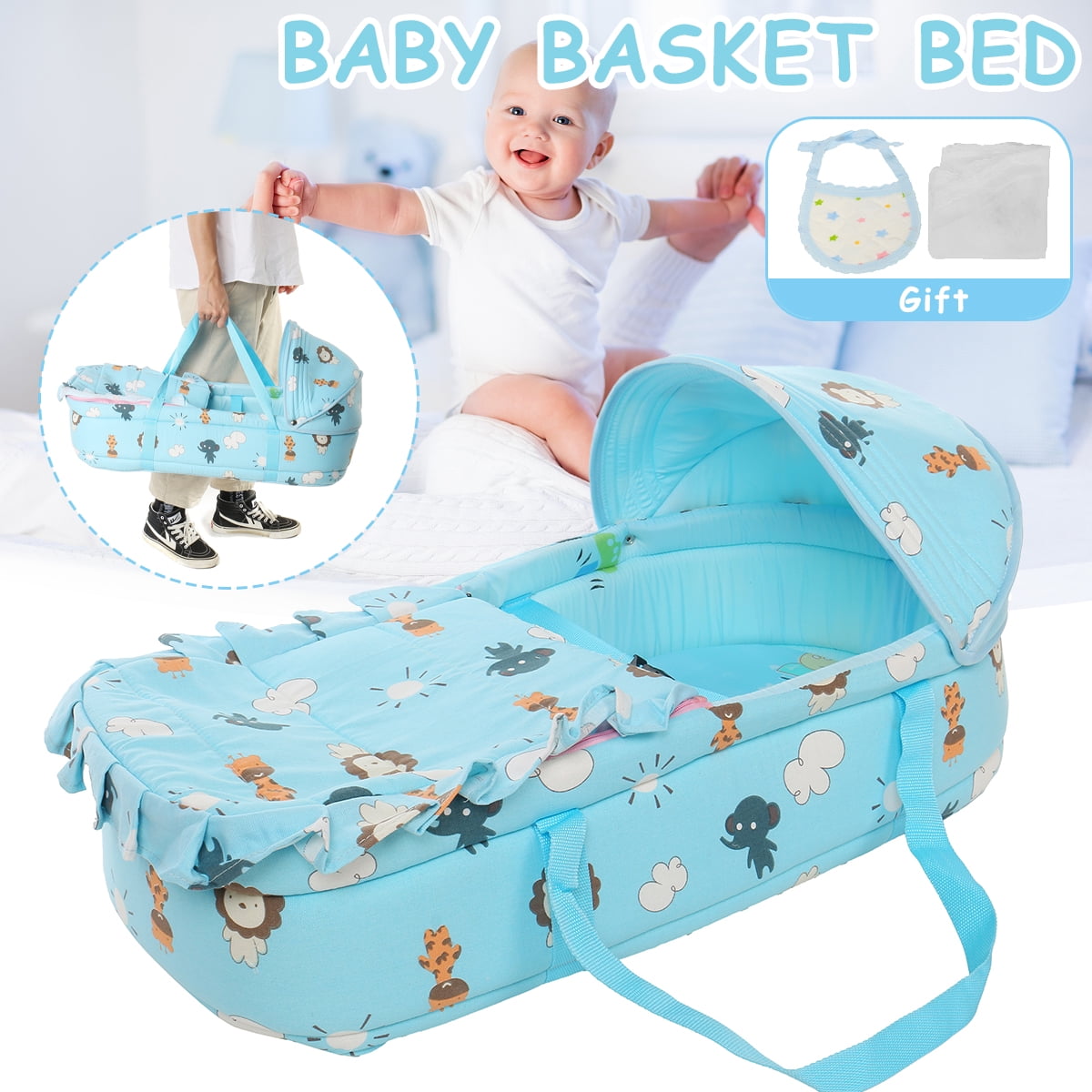 Newborn Baby Bassinets Portable Travel Nest Pod Infant Lounger Sleeper Crib with Canopy Bule