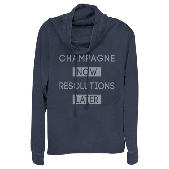 Junior's CHIN UP Champagne Now New Years' Resolutions Later  Cowl Neck Sweatshirt Navy Blue 2X Large