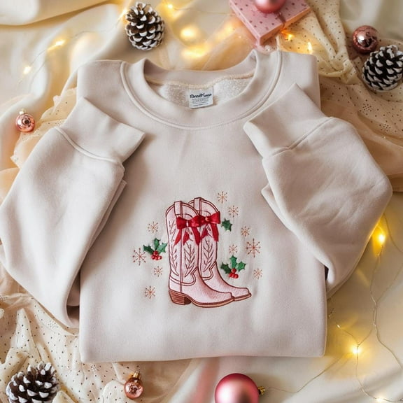 Embroidered Howdy Christmas Sweatshirt, Cowgirl Boots Christmas Sweater, Coquette Cowgirl Sweatshirt, Christmas Western, Holiday Sweater