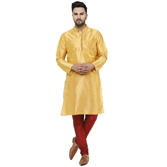 SKAVIJ Hommes Kurta Pyjama Mis Art Soie Robe de Mariée Indienne Gold XL