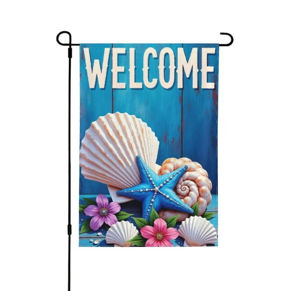 Welcome Summer Seashell Garden Flag 12x18 Inch Double Sided Outdoor DecorBeach Starfish Flowers Coastal Yard Flag House Decoration