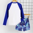 thumbnail image 6 of Rggeeun Baby Boys Swimsuit Set 2Pc Color Block Colorful Leaves Pattern Long Sleeve Crew Neck Top & Elastic Waist Above Knee Trunks for Summer Resort Swimming Sweet Beachwear,Blue,10-11 Years, 6 of 8