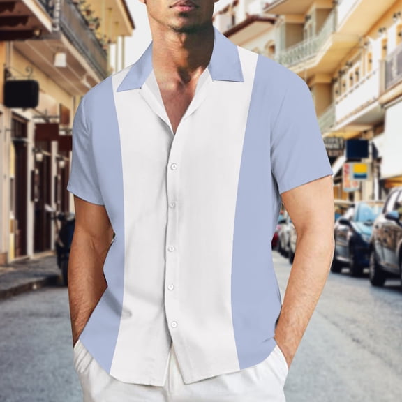 BUWTTED Shirts for Men Color Stripe Printed Loose Summer Short Sleeved Plus Size Casual Button Down Beach Hawaiian Blue Shirt L