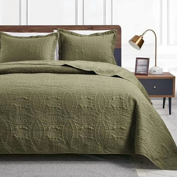 King Size Quilt Bedding Set Green Bedspreads - Bed Summer Lightweight Bedspread Comforter - Coin Pattern Bedding Coverlet for All Season - 3 Pieces (1 Quilt, 2 Pillow Shams)