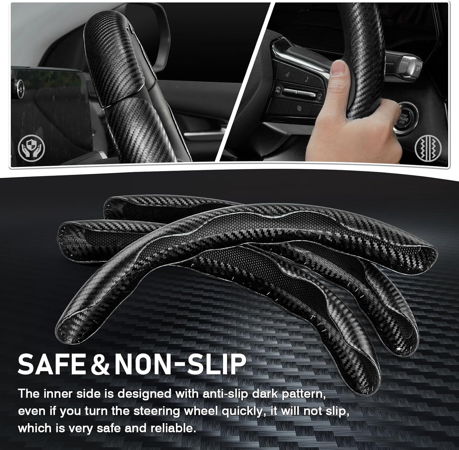 Canvcle 3 Piece Carbon Fiber Steering Wheel Cover, Car Steering Wheel Cover for Men/Women, Anti-Slip, Comfortable Grip, Durable, Universal for 99% Car Interior Accessories (Black)