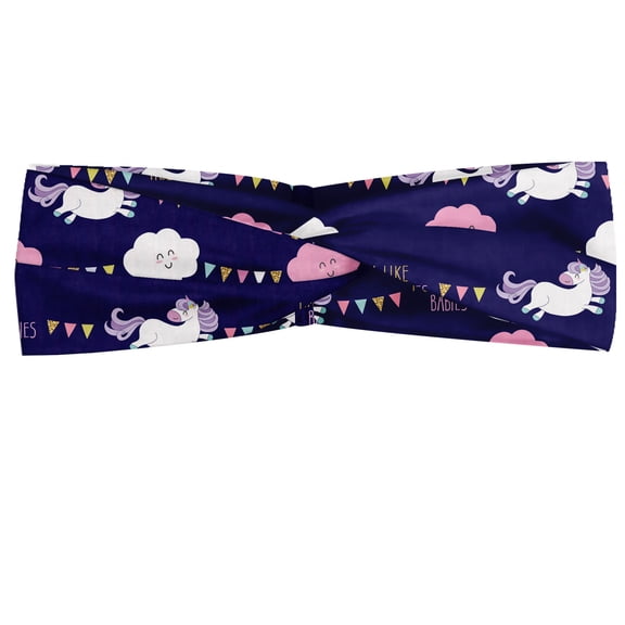 Cartoon Headband, I Like Babies Hello Calligraphic Layout of Clouds Unicorns and Party Flags, Elastic and Soft Women's Bandana for Sports and Everyday Use, Grey Red Coconut, by Ambesonne