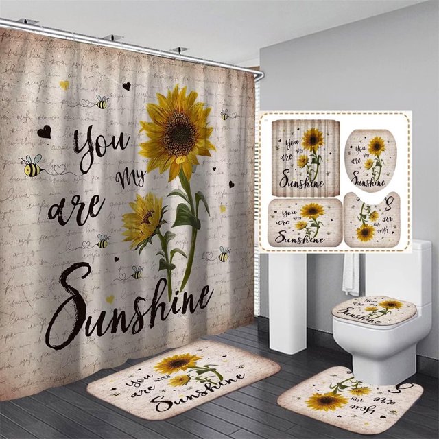 Juego de 4 cortinas de ducha con diseño de girasoles, estilo rústico, con diseño de mariposas y flores sobre madera, con alfombras, accesorios y 12 ganchos