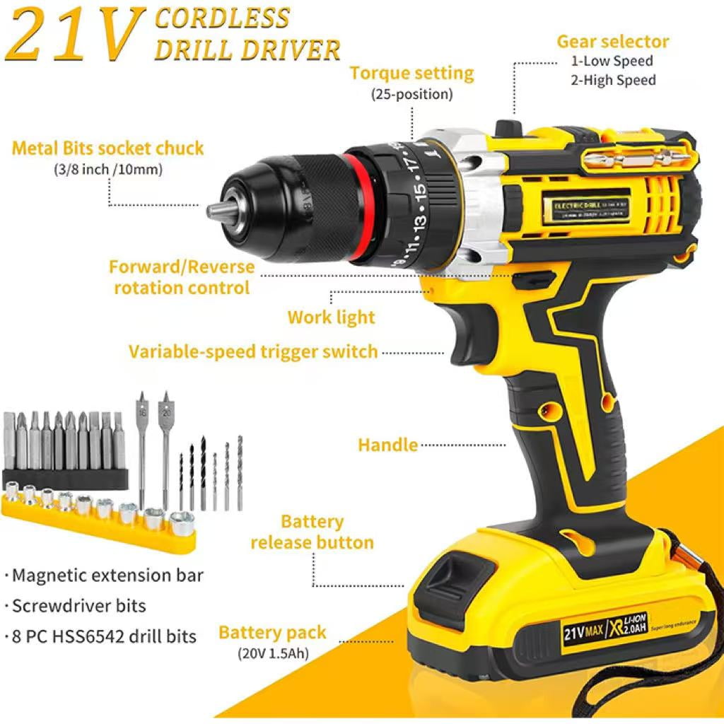 21V Tool Kit with Drill, 120PCS 21V Cordless Drill Set with 3/8" Keyless Chuck of Metal & 25+3 Clutch with Impact, 2 x 2.0Ah Battery & Fast Charger, Max Torque 45Nm, 2-Variable Speed