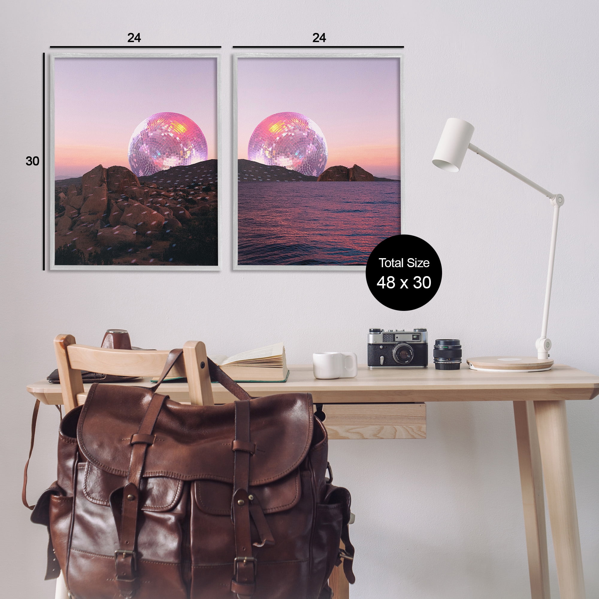 Stupell Industries Surreal Disco Ball Landscape Landscape Painting Gray Framed Art Print Wall Art, 24 x 30, Set of 2
