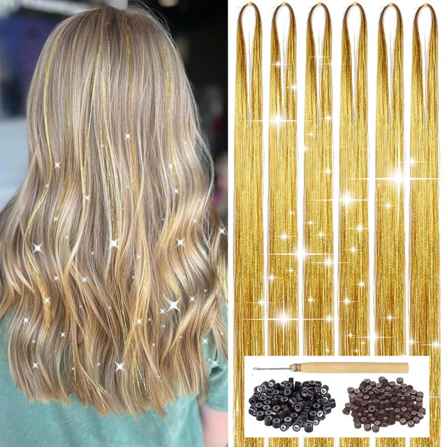 Kit de oropel para el cabello dorado con herramienta, 6 piezas, 1200 hebras, extensiones de cabello con oropel con purpurina, resistentes al calor, brillantes accesorios para el cabello de hadas para