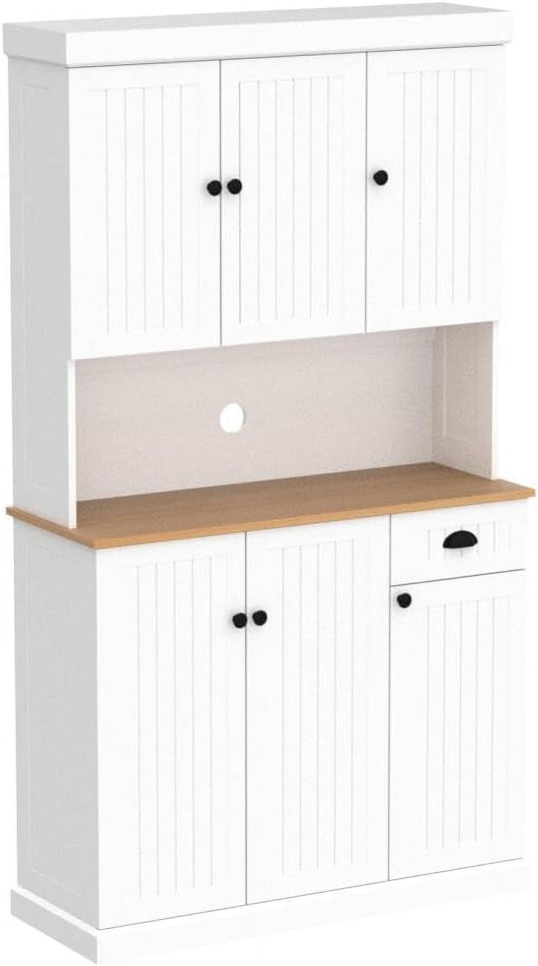 71" Kitchen Pantry Storage Cabinet with Microwave Countertop, Freestanding Hutch with 6 Doors & 1 Drawer, Adjustable Shelves, White Storage Cabinet for Kitchen Organization