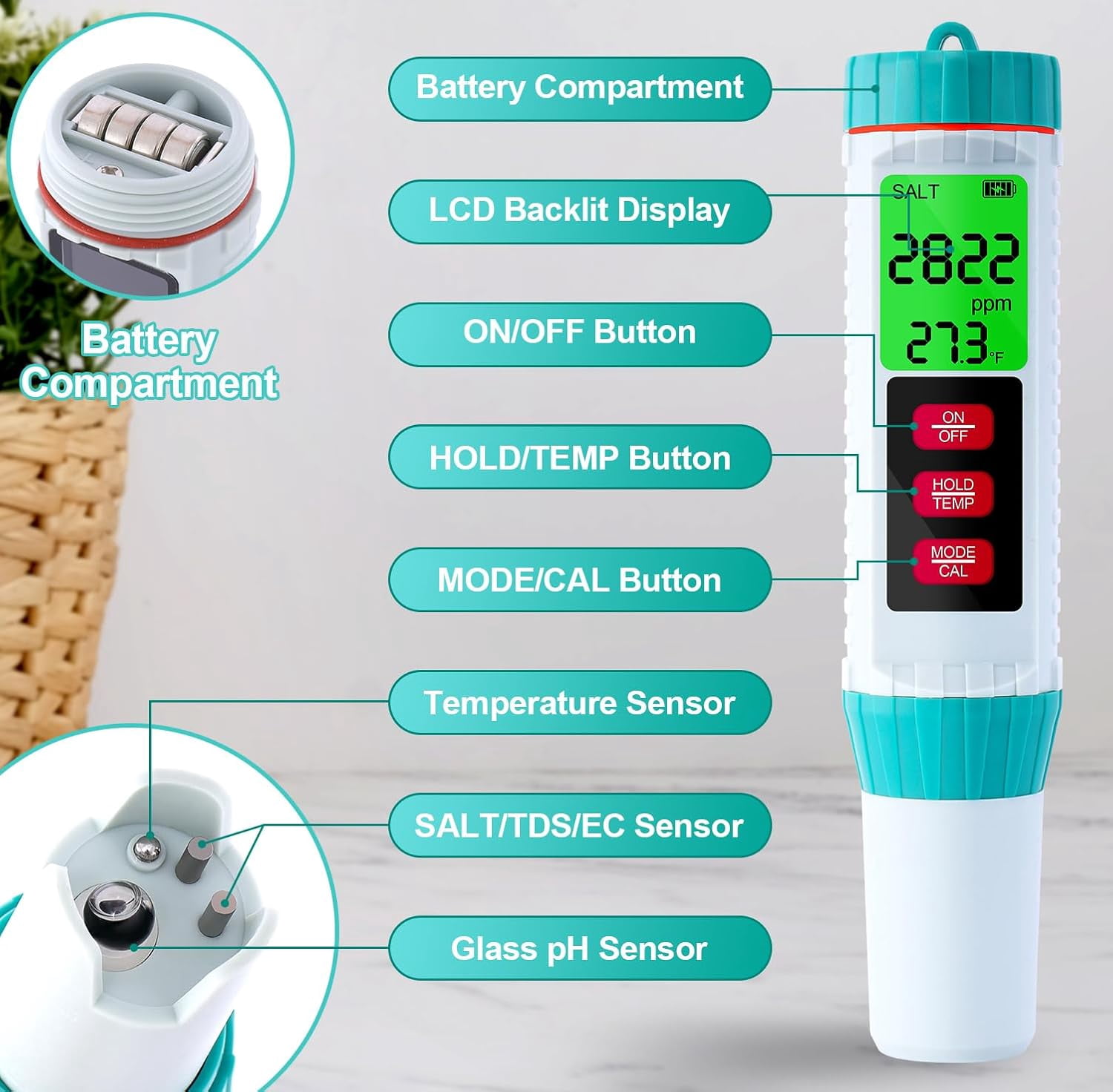 Pool Salt Tester, PH Tester Digital, Water Testing Kit, 5 in 1 PH Meter for Water/Salinity Meter/TDS/EC/Thermometer, Suitable for Drinking Water Swimming Pools Hydroponic Plants Aquariums
