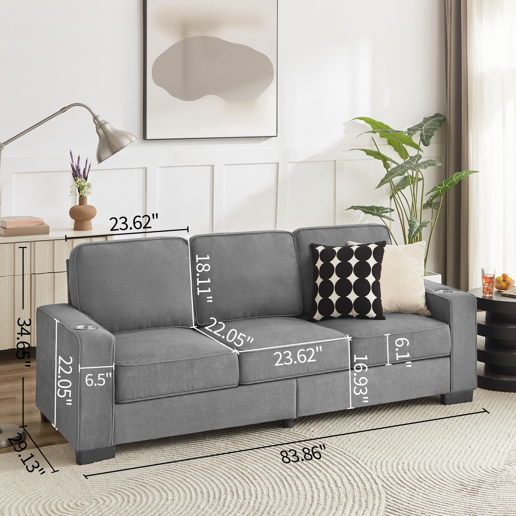DEALTOPS 84" Modern Ice & Snow Velvet 3-Seater Sofa — Cozy Living Room Couch with Built-in Cup Holders, Gray