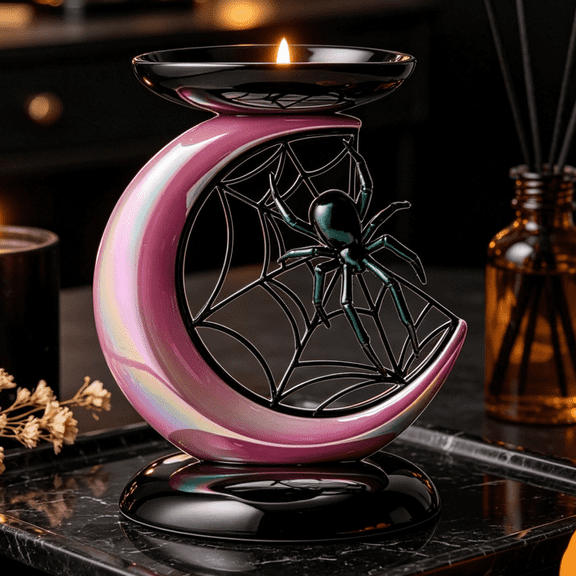 Summerween 2026 Spider and Moon Pedestal 3-Wick Candle Holder - Halloween Spider and Moon Pedestal Candle Holder, Gothic Triple Wick Candlestick Stand, Spooky Home Tabletop Decor