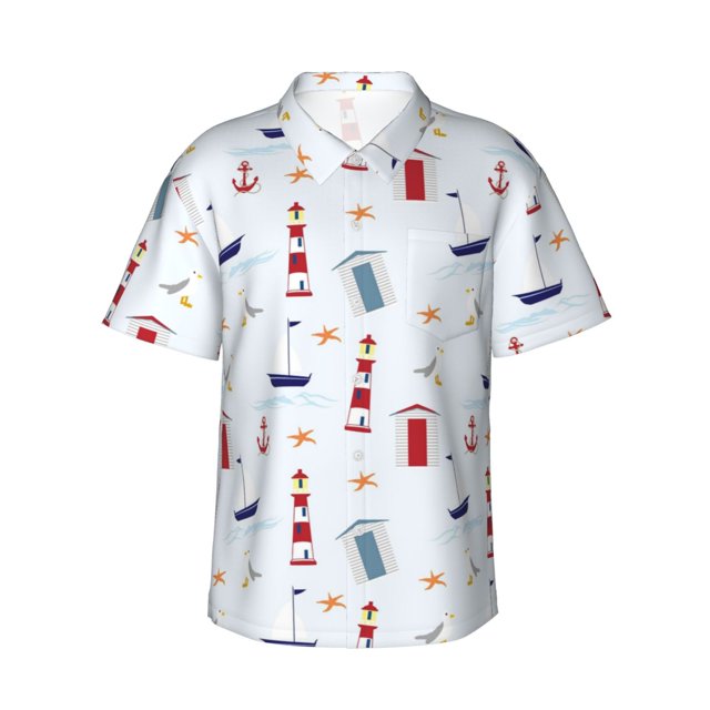 Balery Nautical Lighthouse Sailboat Camisas hawaianas de manga corta para hombre, camisas playeras de corte holgado, camisas de vacaciones con botones,3X-Large