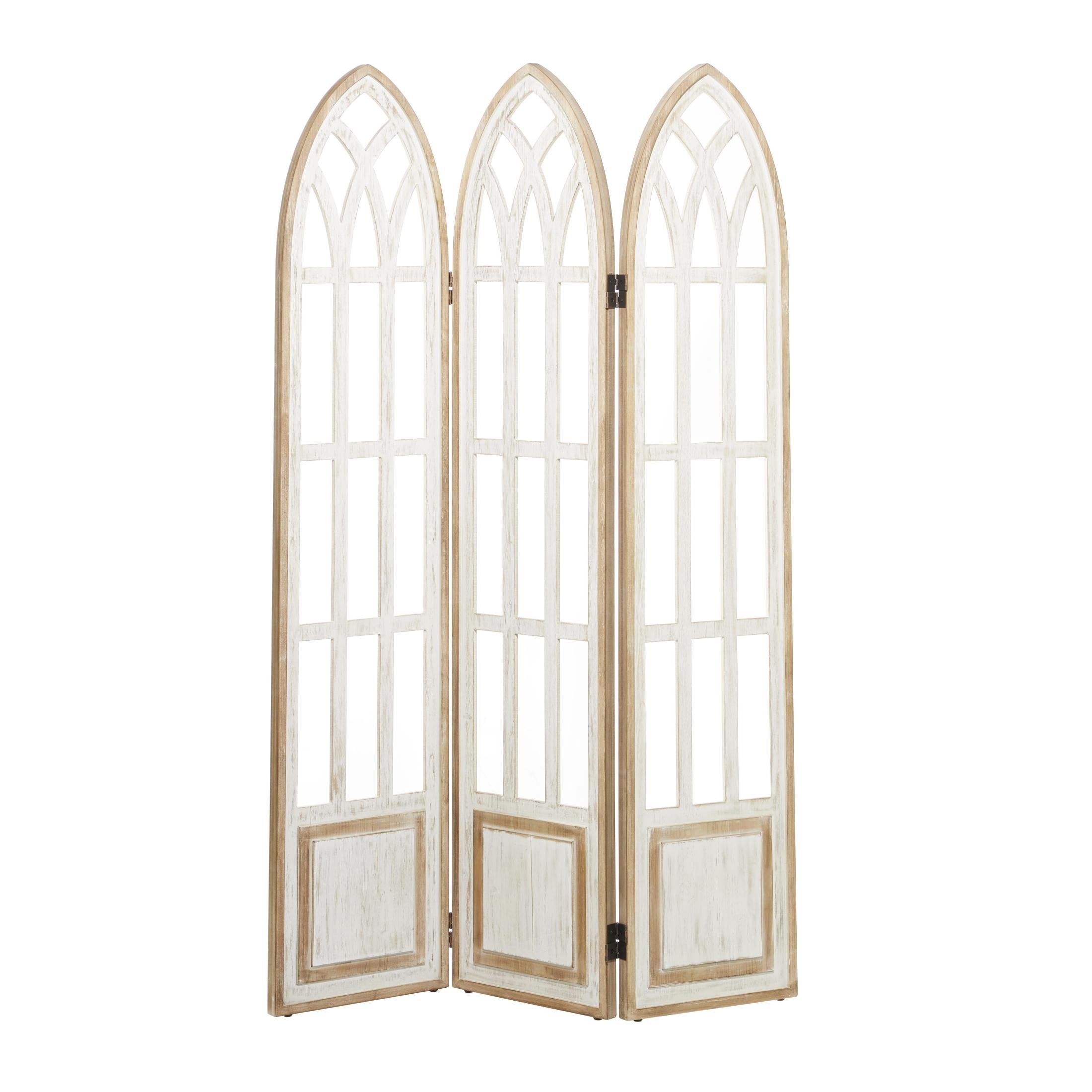 DecMode 48" x 72" White Wood Hinged Foldable Arched Partition 3 Panel Room Divider Screen with Window Pane Details, 1-Piece