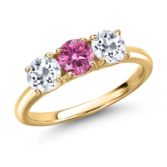 Gem Stone King 18K Yellow Gold Plated Silver Pink Moissanite and White Topaz Engagement Ring for Women | 1.70 Cttw | Round 5MM | Gemstone Birthstone | Size 8