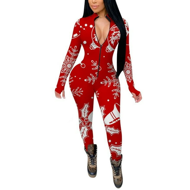 Spring hue Women Sexy Deep V Neck Christmas Jumpsuit Pajama One Piece