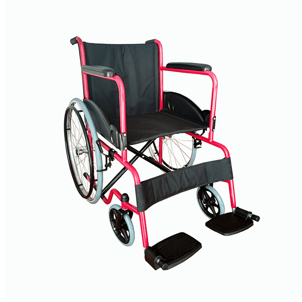 silla de ruedas mobicare ecg800-m vino 3/4 frontal, bastidor en acero esmaltado color vino, asiento y respaldo en loneta negra, descansabrazos fijos acojinados, soporte de pantorrillas con reposapiés abatibles y frenos laterales en llantas traseras de cañuela con opción a neumática.