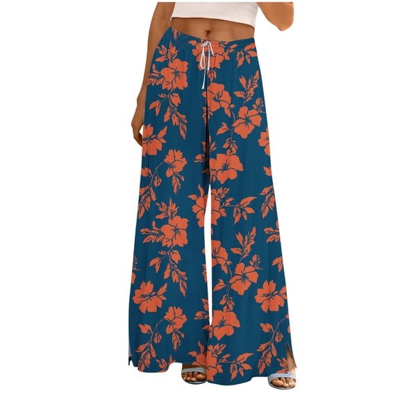 Sexlip Wide Leg Pants for Women Floral Printed Elastic Waist Drawstring Casual Loose Fit Long Flowy Trousers Blue L