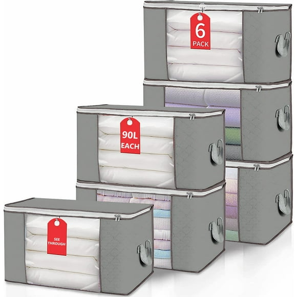 Livearty (TM) 90L Large Storage Bags, 6 Pack Clothes Storage Bins Foldable Closet Organizer Storage Containers with Durable Handles Thick Fabric for Clothing, Blanket, Comforters, Bed Sheets, Pillows