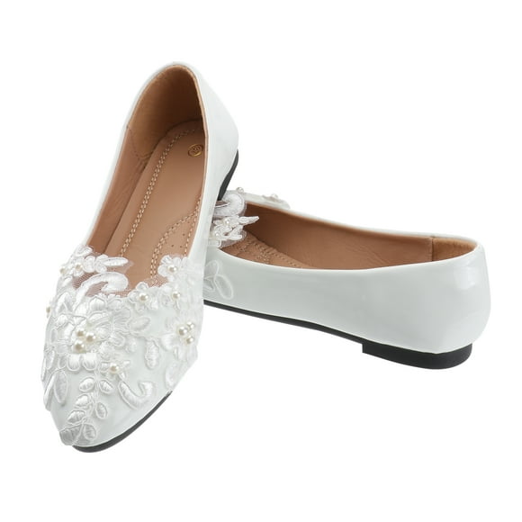 1 Pair Handwork Wedding Shoes Stylish Lace Pearl Flower Wedding Shoes White Wedding Dress Supplies Bridal Flat Shoes Leisure Women Shoes Size 37 White