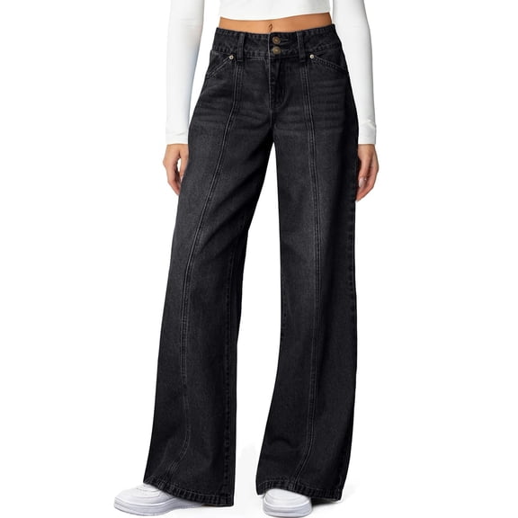 JJHGVB Wide Leg Jeans Denim Pants Loose Fit Vintage Jeans Denim Trousers Pants with Pockets Wide Leg Jeans for Women Long Casual Pants palazzo pants Pull-On Pant Casual Summer Bottom Black L
