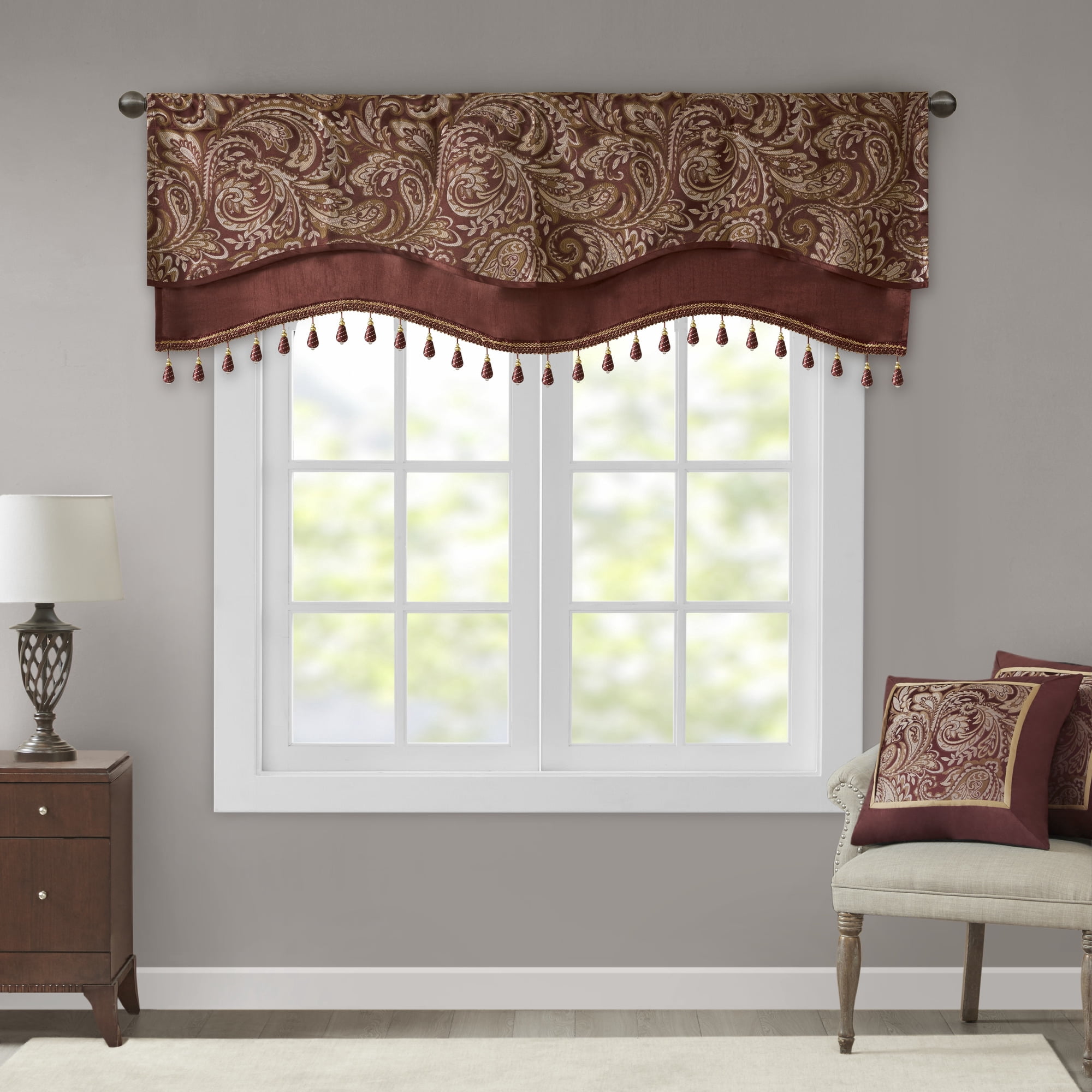 MAYEERTY 50x18" Jacquard Rod Pocket Valance With Beads Burgundy