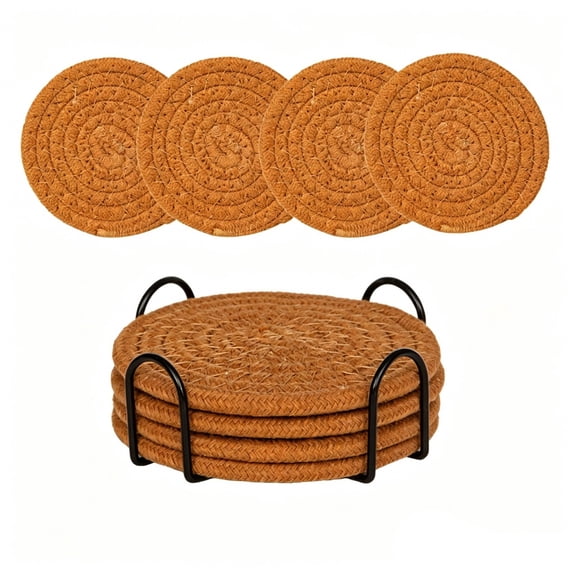 4 Pack Round Cotton Yarn Woven Placemats, Linen Heat Resistant Table Trivets, Insulating Dish Coaster Set, Matching Storage Rack Included For Kitchen Dining Table Decor