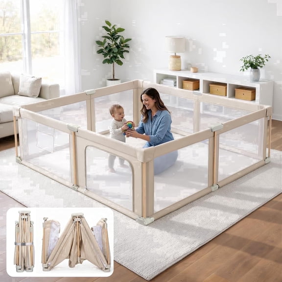 PRVAETU 79"x71"x27" Foldable Baby Playpen with Mat, Play Yard Fence for Babies Boys Girls Toddlers, Large Playard W/ 300D Fabric for Infant and Kids,Khaki