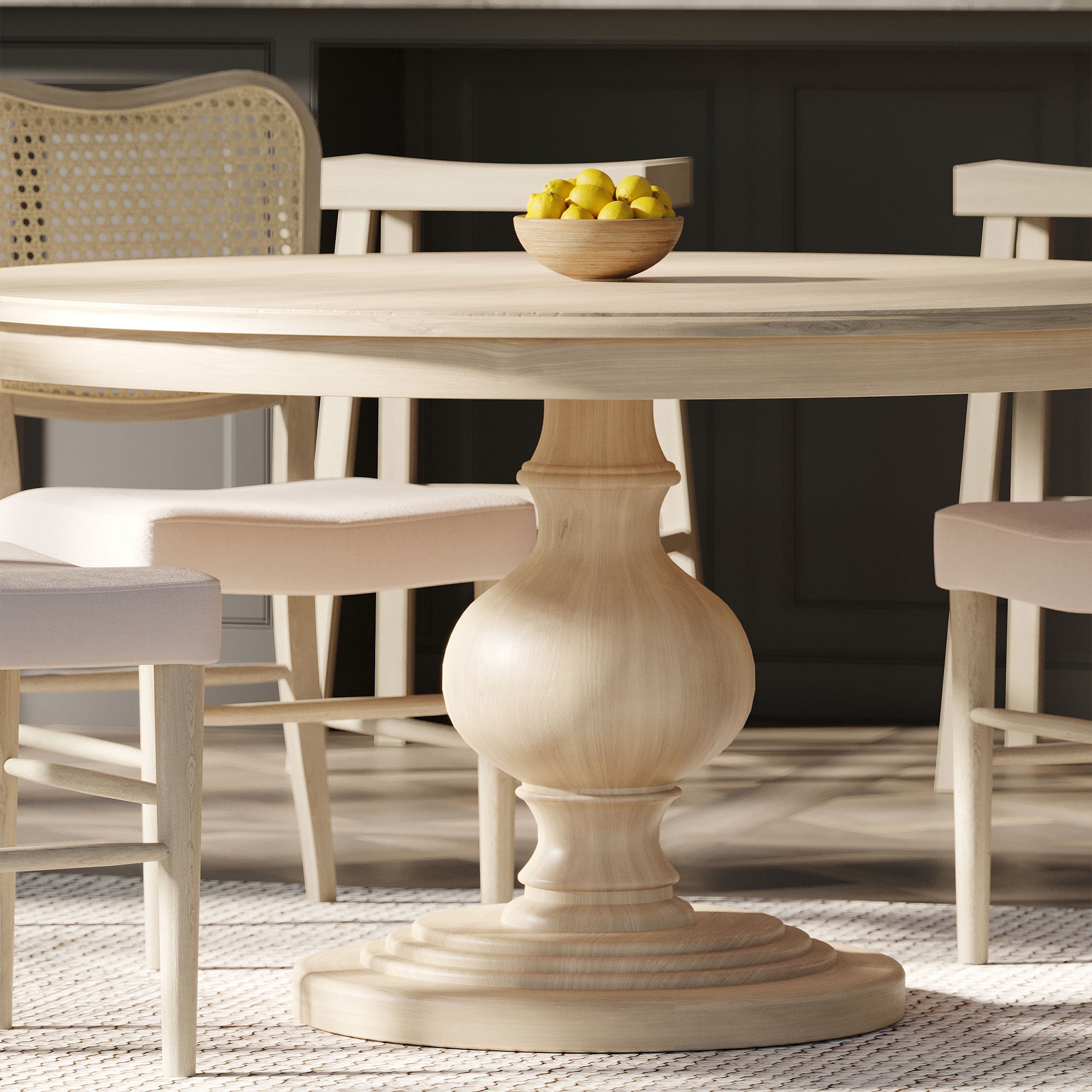 Maven Lane Zola Traditional Large Round Circle Wooden Pedestal Dining Table for Modern Kitchen, Bistro, or Card Table in Antiqued White Finish